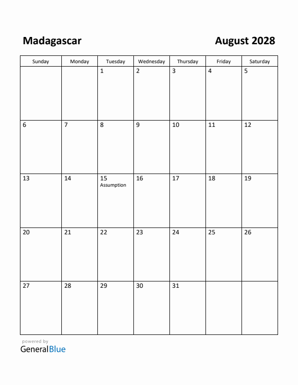 August 2028 Calendar with Madagascar Holidays