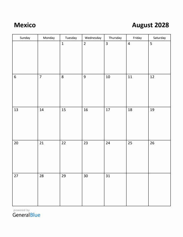 August 2028 Calendar with Mexico Holidays