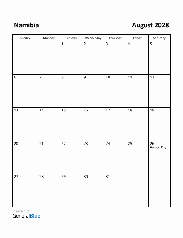 August 2028 Calendar with Namibia Holidays