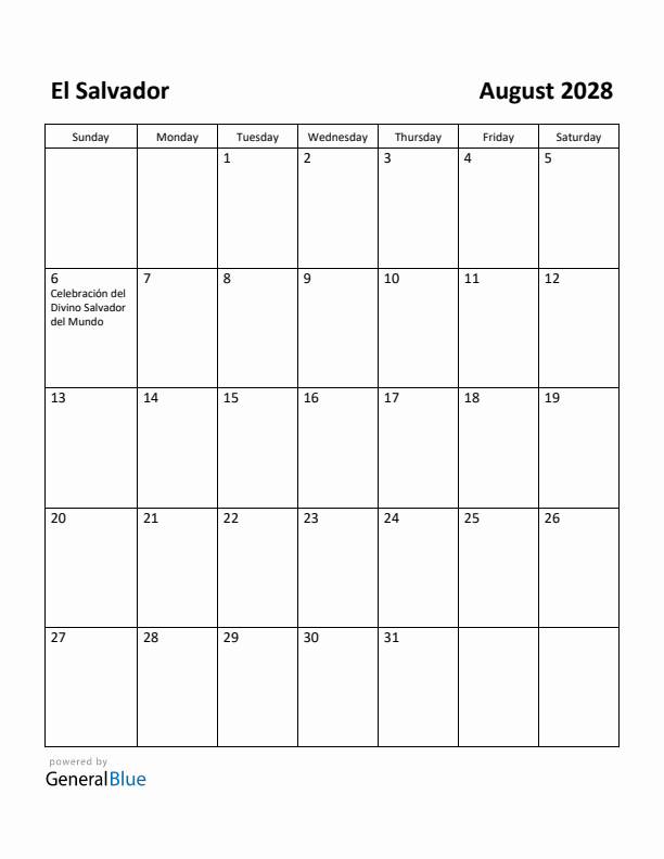 August 2028 Calendar with El Salvador Holidays