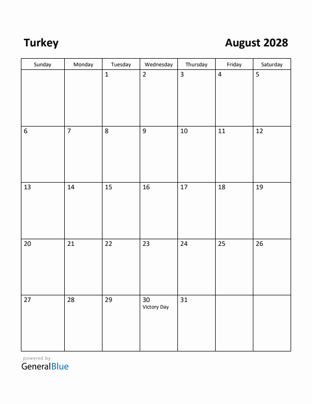 August 2028 Calendar with Turkey Holidays