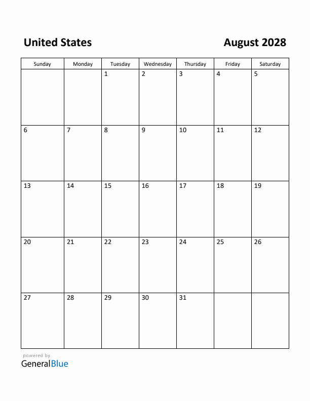 August 2028 Calendar with United States Holidays