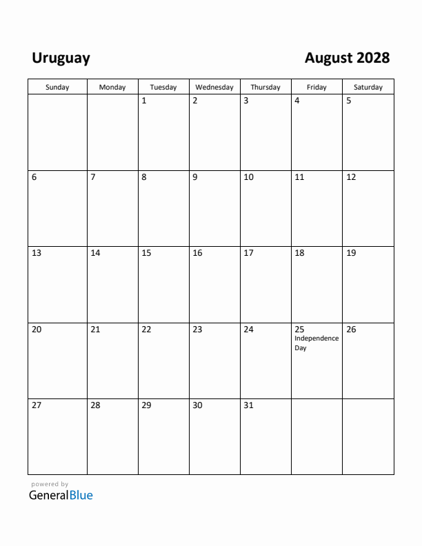 August 2028 Calendar with Uruguay Holidays