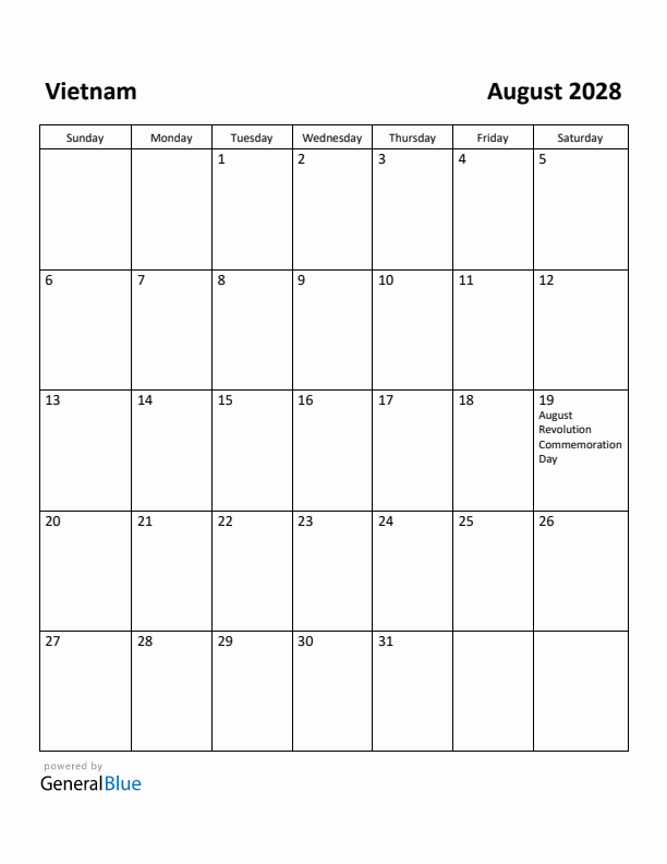 August 2028 Calendar with Vietnam Holidays