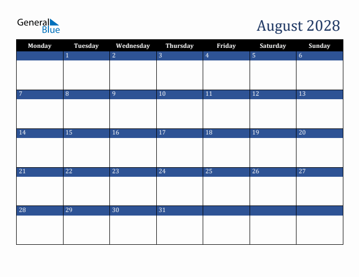 Monday Start Calendar for August 2028