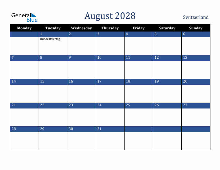 August 2028 Switzerland Calendar (Monday Start)