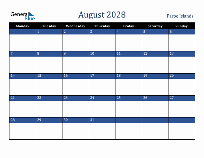 August 2028 Faroe Islands Calendar (Monday Start)