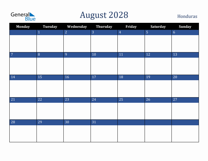 August 2028 Honduras Calendar (Monday Start)