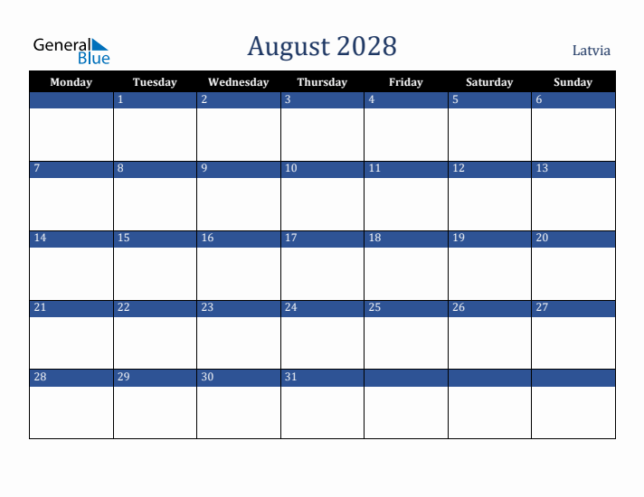 August 2028 Latvia Calendar (Monday Start)