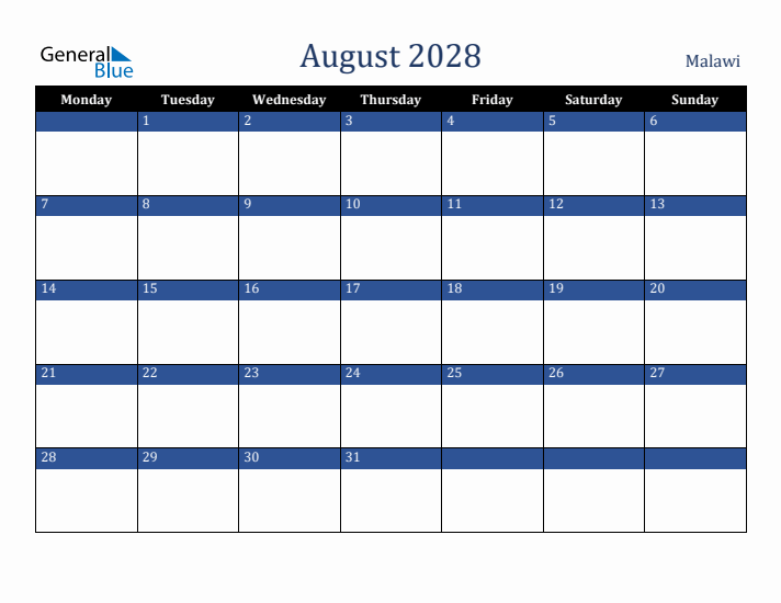 August 2028 Malawi Calendar (Monday Start)