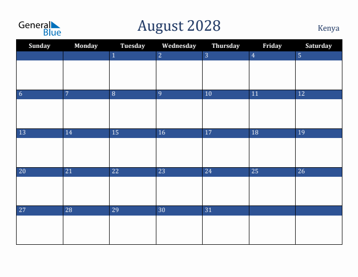 August 2028 Kenya Calendar (Sunday Start)