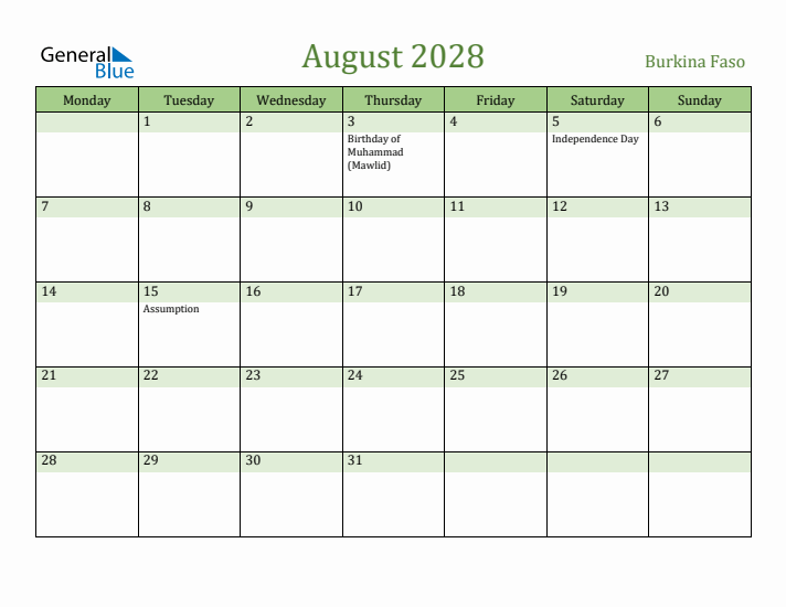 August 2028 Calendar with Burkina Faso Holidays