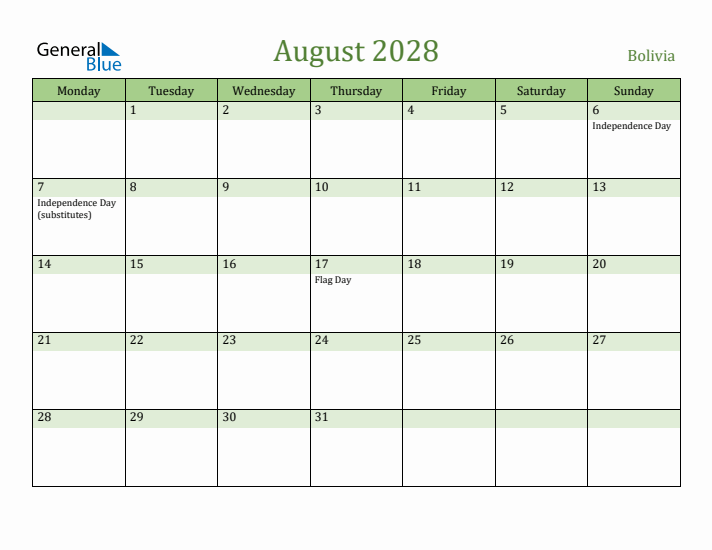 August 2028 Calendar with Bolivia Holidays