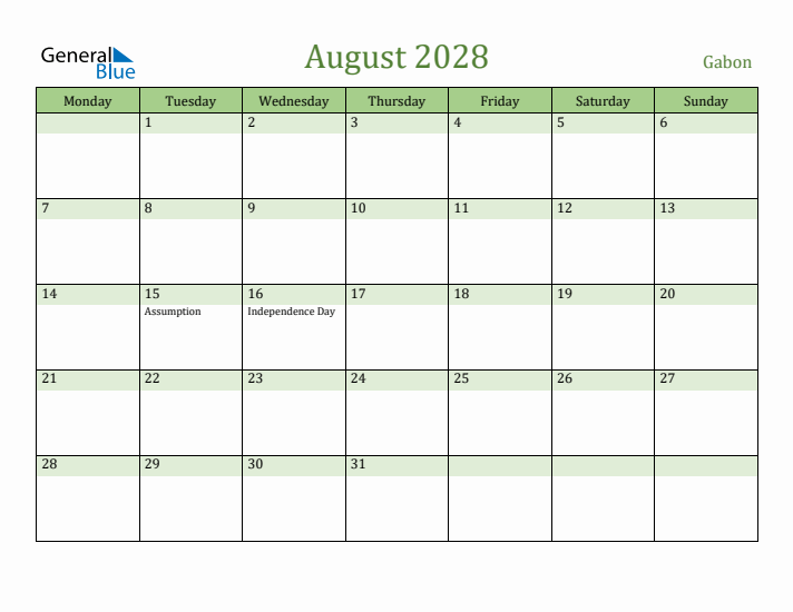 August 2028 Calendar with Gabon Holidays