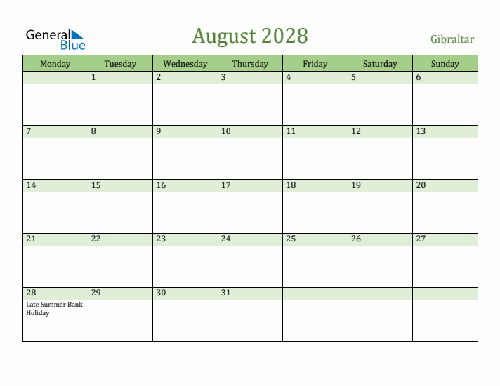 August 2028 Calendar with Gibraltar Holidays