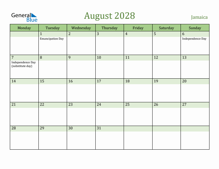 August 2028 Calendar with Jamaica Holidays