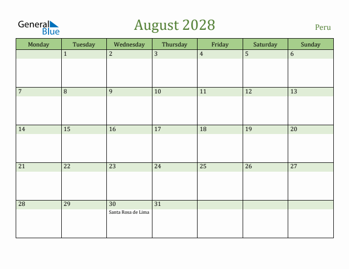 August 2028 Calendar with Peru Holidays