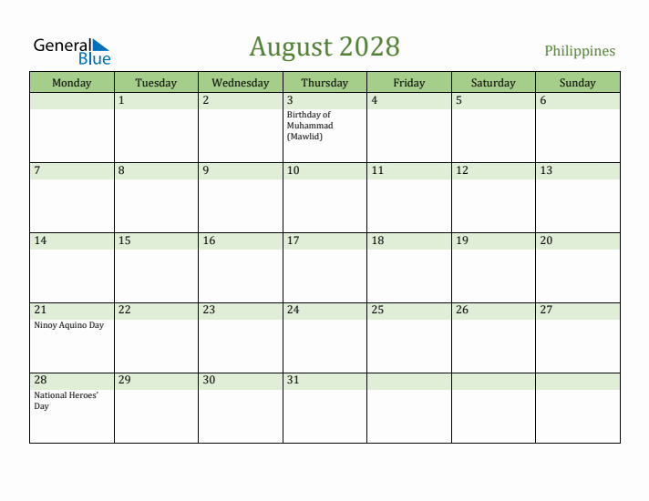 August 2028 Calendar with Philippines Holidays