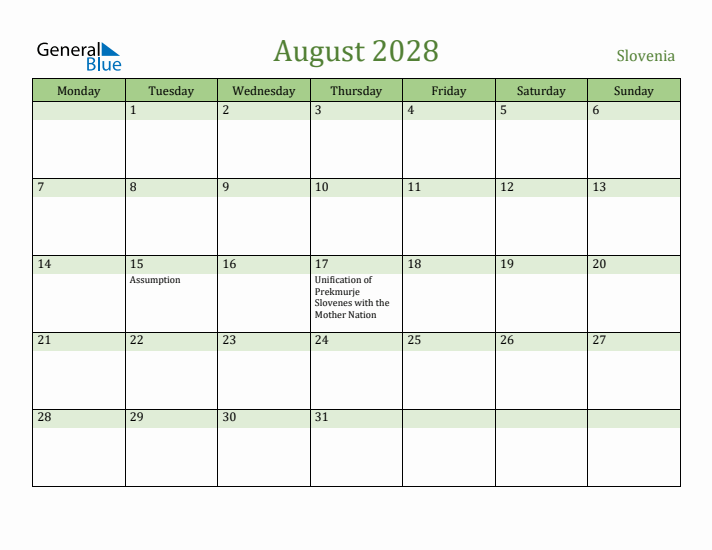 August 2028 Calendar with Slovenia Holidays