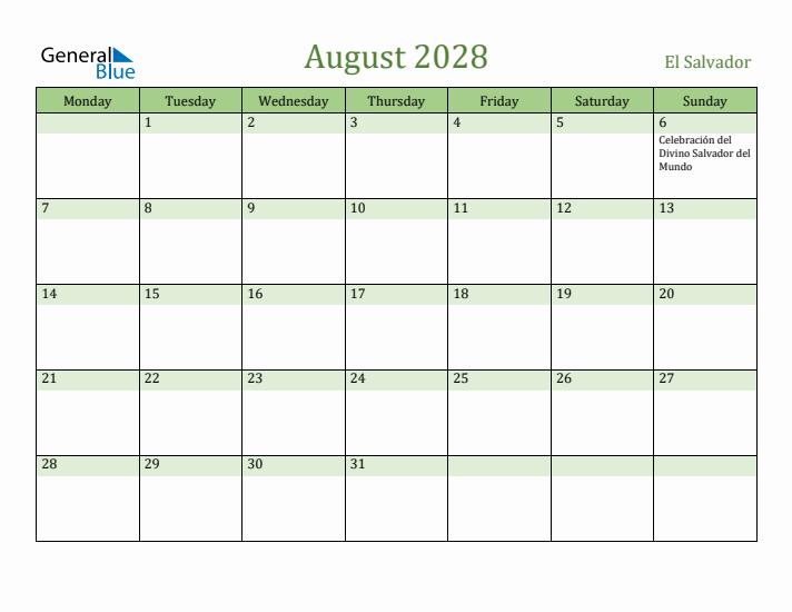 August 2028 Calendar with El Salvador Holidays