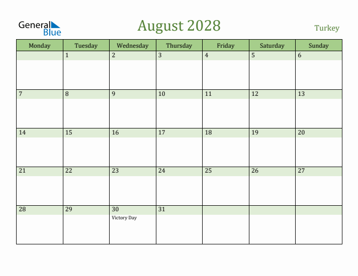 August 2028 Calendar with Turkey Holidays