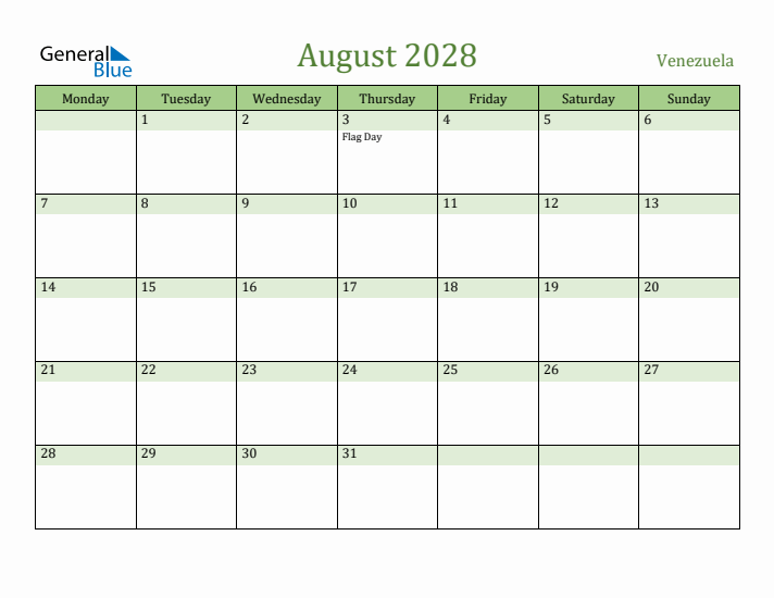 August 2028 Calendar with Venezuela Holidays