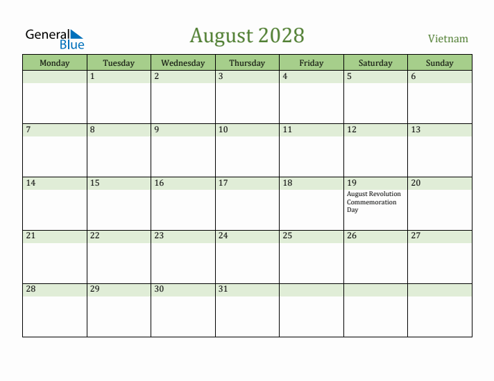 August 2028 Calendar with Vietnam Holidays