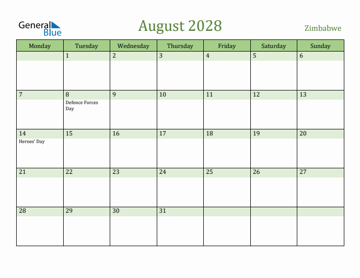 August 2028 Calendar with Zimbabwe Holidays