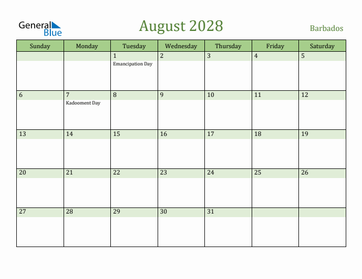 August 2028 Calendar with Barbados Holidays