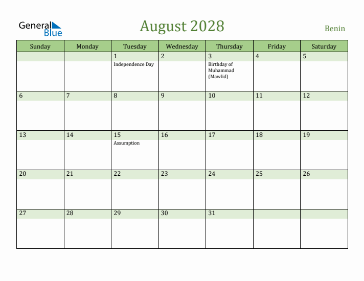 August 2028 Calendar with Benin Holidays