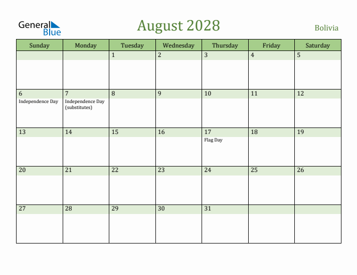 August 2028 Calendar with Bolivia Holidays