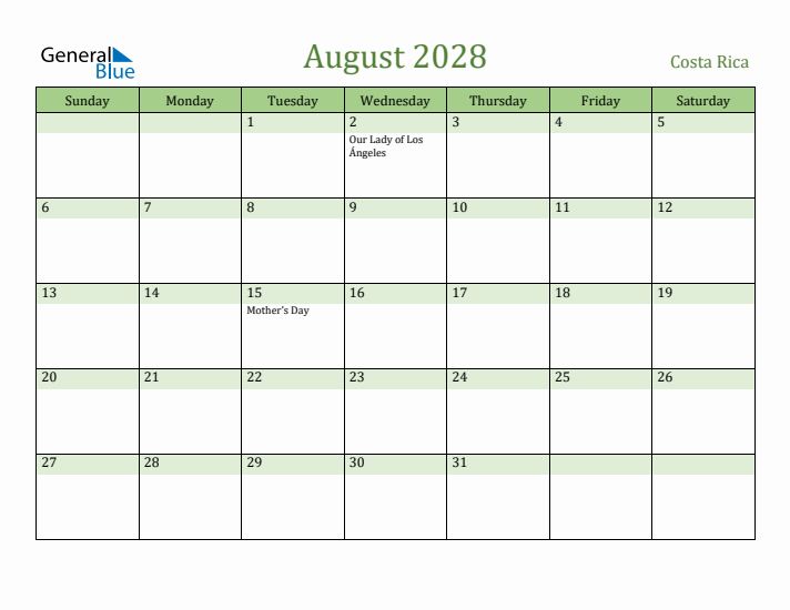 August 2028 Calendar with Costa Rica Holidays