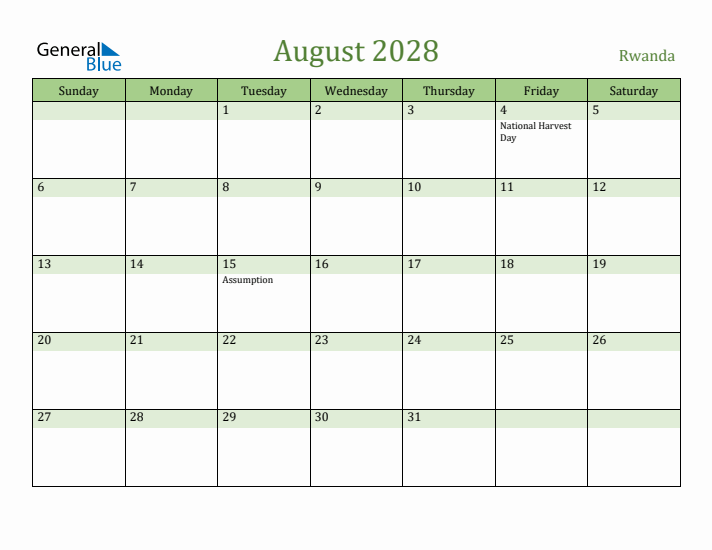 August 2028 Calendar with Rwanda Holidays