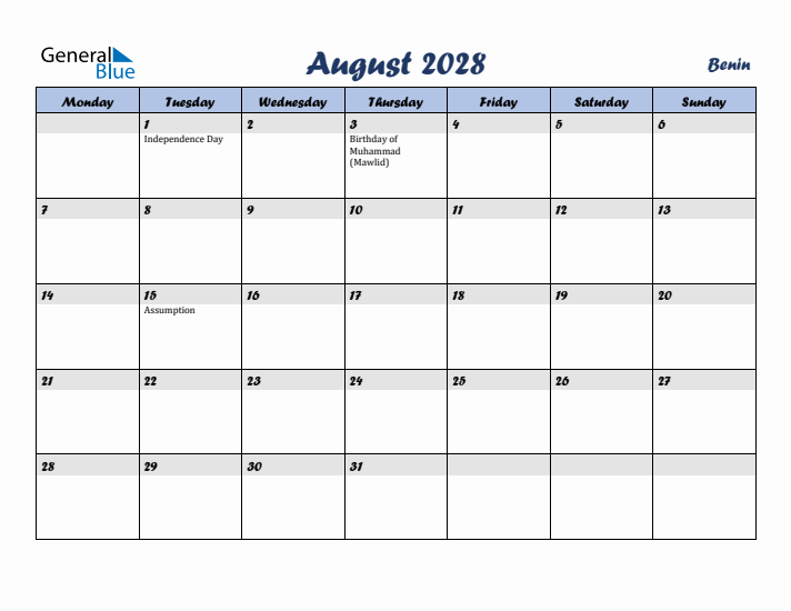 August 2028 Calendar with Holidays in Benin