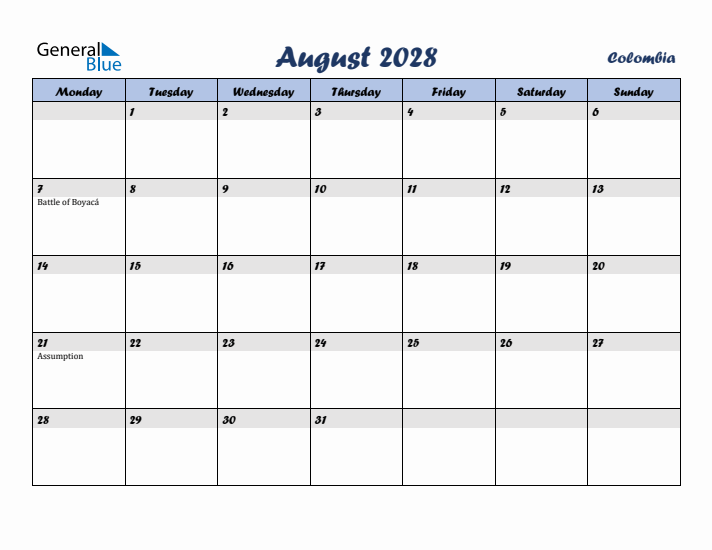 August 2028 Calendar with Holidays in Colombia