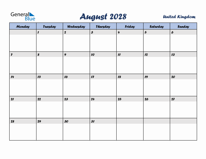 August 2028 Calendar with Holidays in United Kingdom