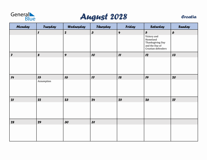 August 2028 Calendar with Holidays in Croatia