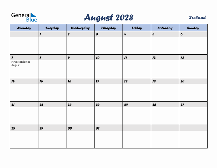 August 2028 Calendar with Holidays in Ireland