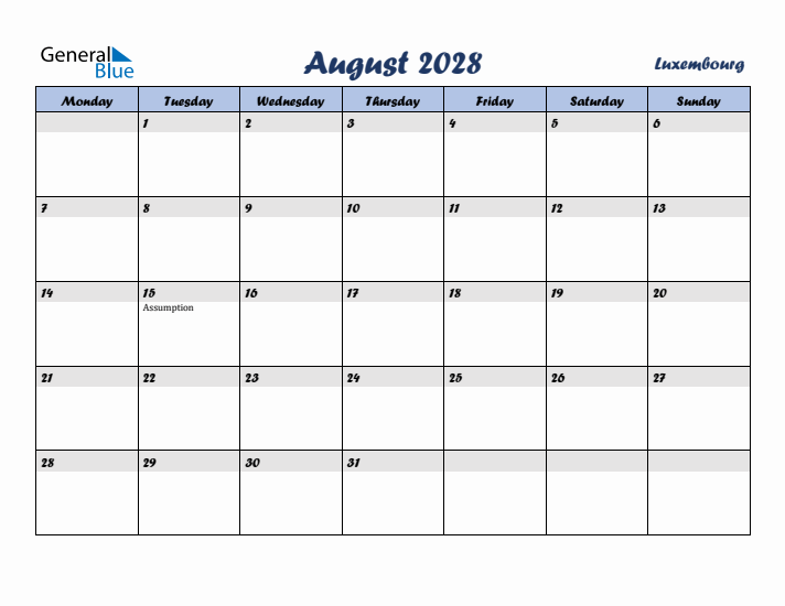 August 2028 Calendar with Holidays in Luxembourg