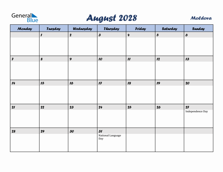 August 2028 Calendar with Holidays in Moldova