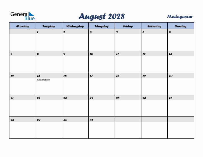 August 2028 Calendar with Holidays in Madagascar