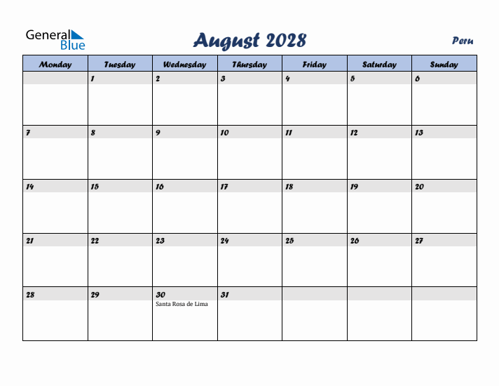 August 2028 Calendar with Holidays in Peru