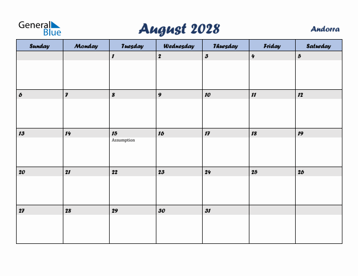 August 2028 Calendar with Holidays in Andorra