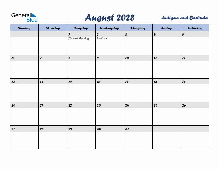 August 2028 Calendar with Holidays in Antigua and Barbuda