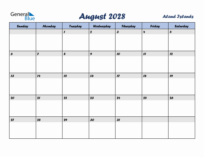 August 2028 Calendar with Holidays in Aland Islands