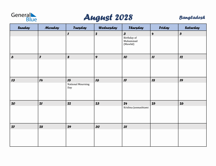 August 2028 Calendar with Holidays in Bangladesh