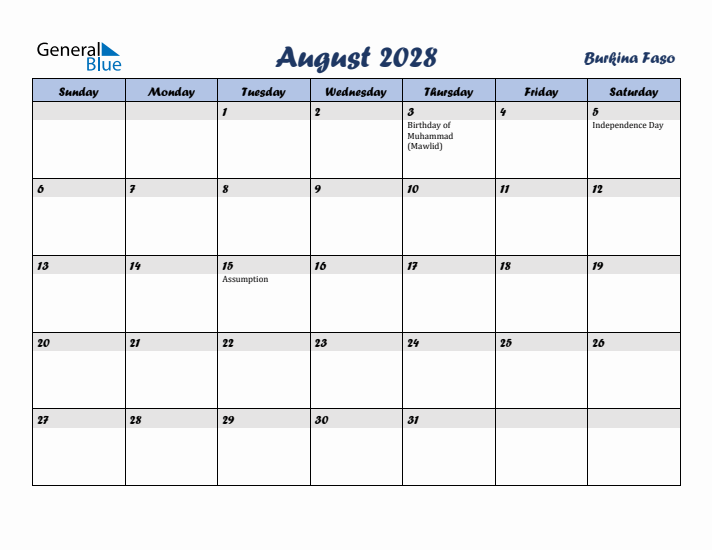 August 2028 Calendar with Holidays in Burkina Faso