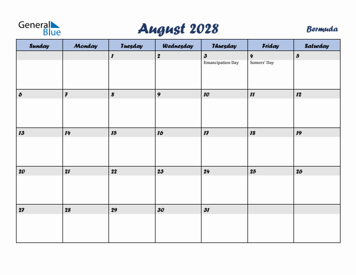 August 2028 Calendar with Holidays in Bermuda