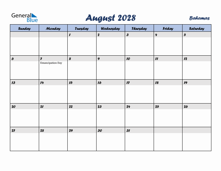 August 2028 Calendar with Holidays in Bahamas