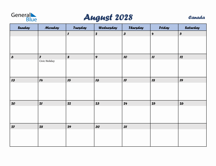 August 2028 Calendar with Holidays in Canada